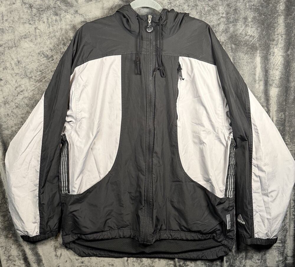 Adidas Windbreaker Jacket XL Black Gray Hooded Full Zip Mesh Lined Athletic Y2K
